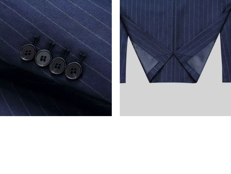 Collage showcasing the sleeve placket and folded back double vent of the Borcelleclothes Men's Lucky Point Pinstripe Suit blazer, highlighting craftsmanship and mobility.