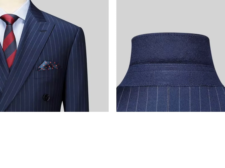 Collage showing the upper part of the blazer and the undercollar of the Borcelleclothes Men's Lucky Point Pinstripe Suit, emphasizing the tailoring precision and structural details.