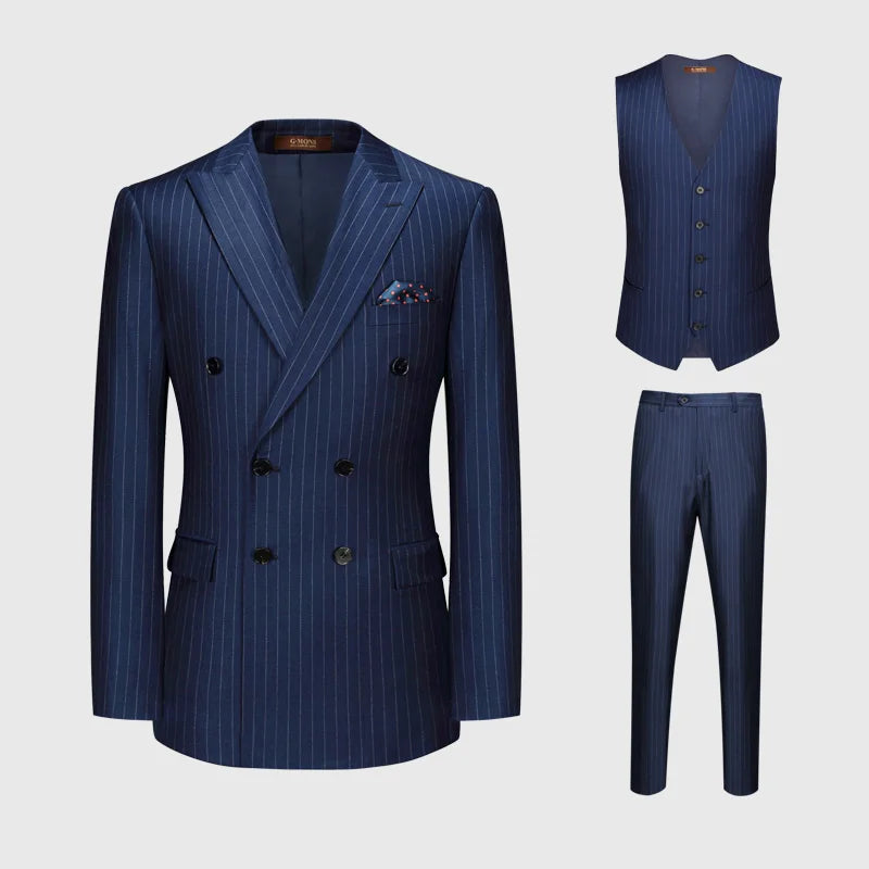 Full view of the Borcelleclothes Men's Lucky Point Pinstripe Suit with the blazer, pants, and optional single-breasted vest, creating a polished and versatile three-piece ensemble.