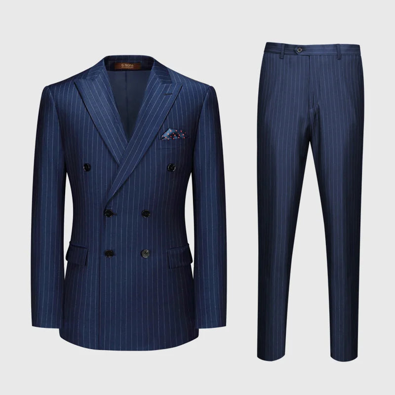 Complete view of the Borcelleclothes Men's Lucky Point Pinstripe Suit blazer and pants, showcasing the cohesive and elegant pinstripe design.