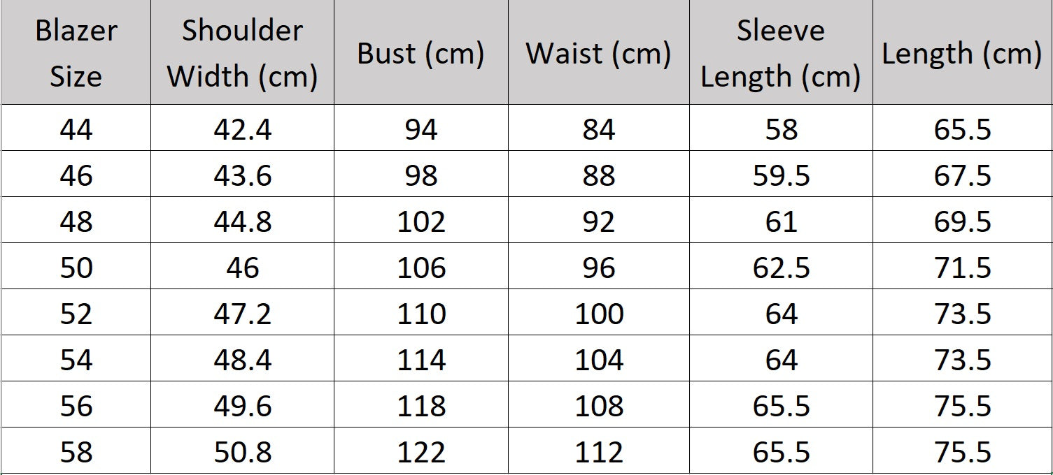 Size chart for the blazer of the Borcelleclothes Men's Lucky Point Pinstripe Suit, providing detailed measurements for a tailored fit.