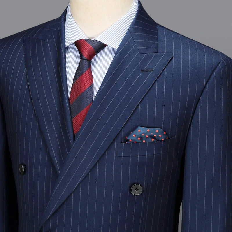 The upper part of the Borcelleclothes Men's Lucky Point Pinstripe Suit blazer, highlighting the peaked lapels, pinstripe pattern, and six-button design.