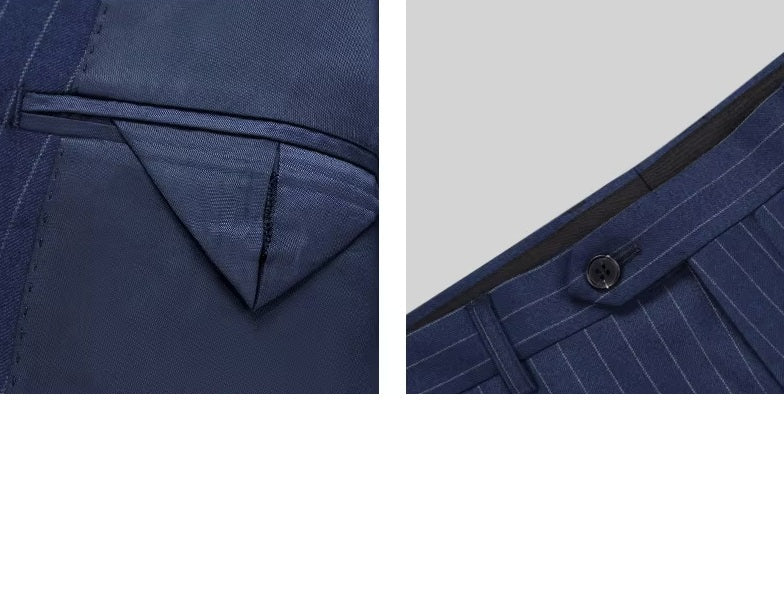 Collage featuring the pocket flap and adjustable belt closure on the pants of the Borcelleclothes Men's Lucky Point Pinstripe Suit, combining style and practicality.