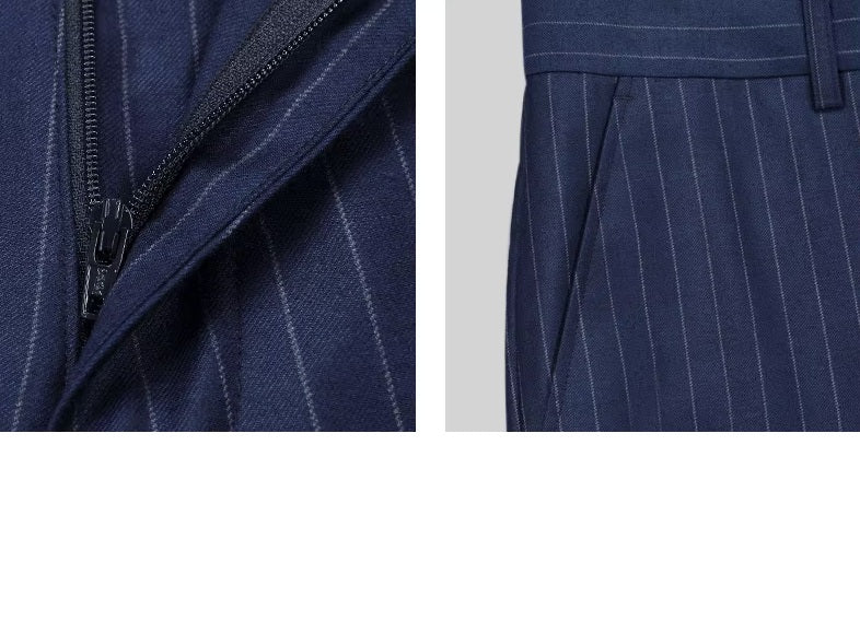 Collage displaying the zipper fly and side slash pocket details on the pants of the Borcelleclothes Men's Lucky Point Pinstripe Suit, emphasizing functionality and tailoring.