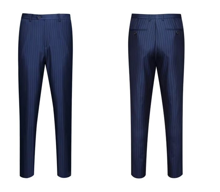 Front and back of the pants from the Borcelleclothes Men's Lucky Point Pinstripe Suit, highlighting the straight-cut design and clean tailoring.