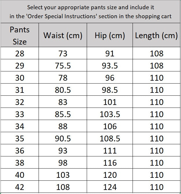 Size chart for the pants of the Borcelleclothes Men's Lucky Point Pinstripe Suit, ensuring a precise fit for the straight-cut design.