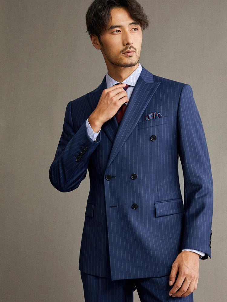 Borcelleclothes Men's Lucky Point Pinstripe Suit in deep blue, featuring a double-breasted blazer with peaked lapels, six-button design, and pinstripe pattern, paired with straight-cut trousers and an optional single-breasted vest for a refined and versatile look.