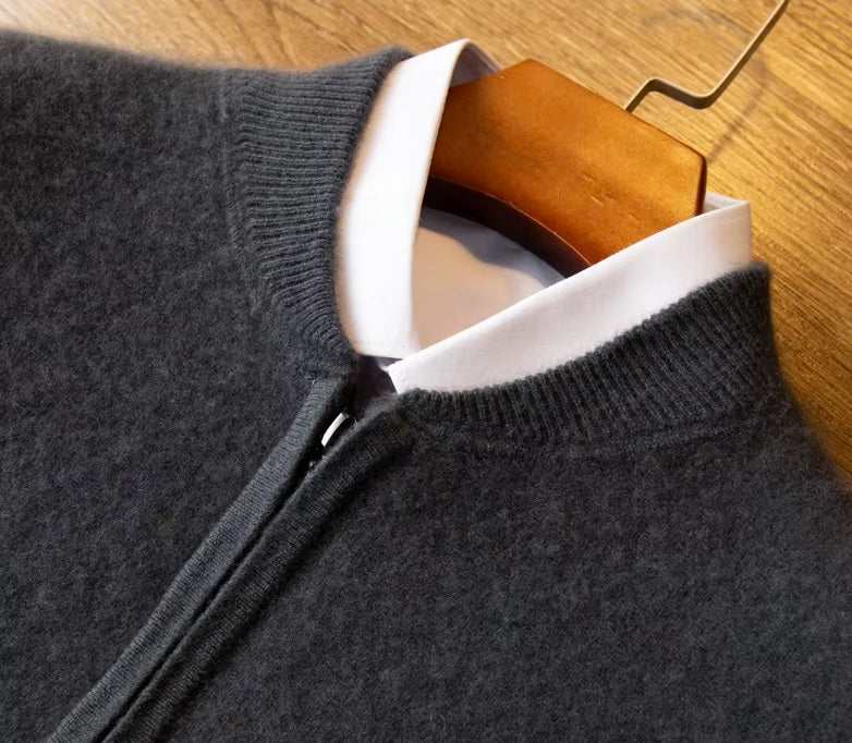 The ribbed angled collar on the Men's Luxury Albas Cashmere Cardigan in Dune, highlighting its distinctive and contemporary design. From Borcelleclothes.