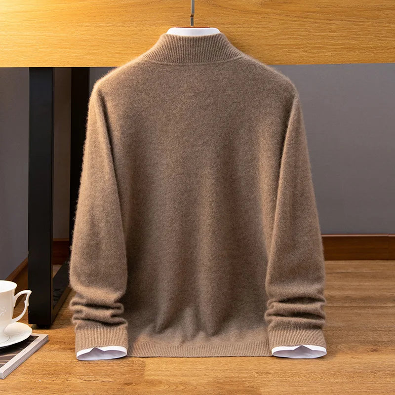 The Back of the Men's Luxury Albas Cashmere Cardigan in Roman Coffee, showcasing its smooth stockinette stitching and elegant silhouette. From Borcelleclothes.