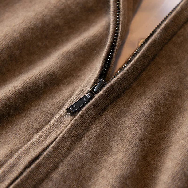 The concealed zipper closure on the Men's Luxury Albas Cashmere Cardigan in Roman Coffee, emphasizing its sleek and refined design. From Borcelleclothes.
