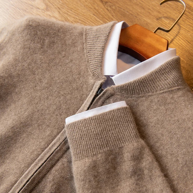 The upper part of the Men's Luxury Albas Cashmere Cardigan in Roman Coffee, featuring a ribbed angled collar and smooth stockinette stitches. From Borcelleclothes.