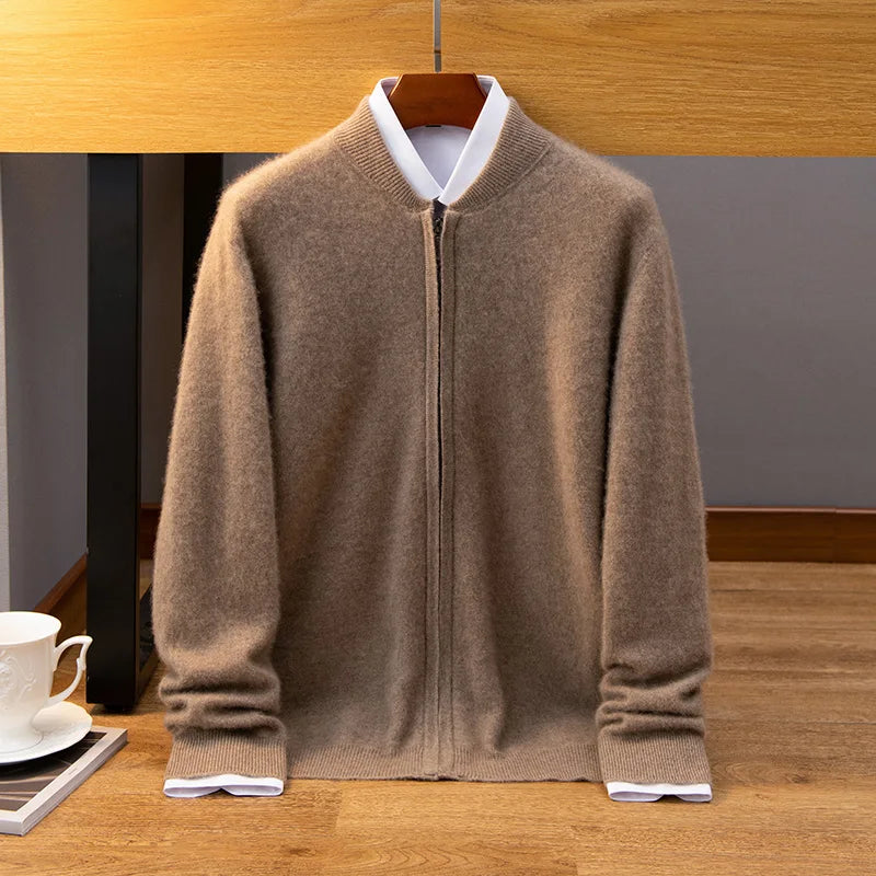 Men's Luxury Albas Cashmere Cardigan in Roman Coffee, crafted from 100% Albas Cashmere, featuring a concealed zipper, ribbed angled collar, and smooth stockinette stitches for a refined and contemporary business style. From Borcelleclothes.