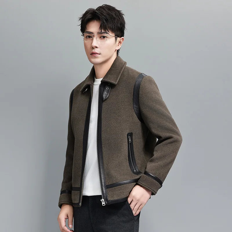 Men's Luxury wool-cashmere bomber jacket with sheepskin leather trim in Makara, featuring vertical back leather stripes, leather-framed zipper, and collar strap with metal buckle – from Borcelleclothes.