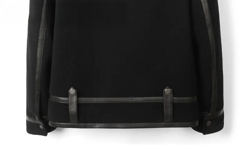 Onyx luxury wool-cashmere bomber, back bottom section with horizontal leather stripe and snap tabs, from Borcelleclothes.