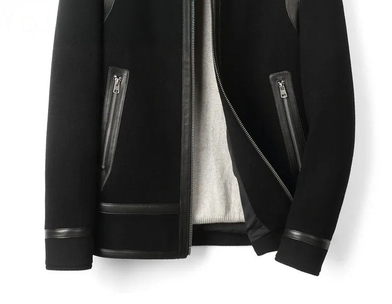 Onyx luxury wool-cashmere bomber, front bottom section with horizontal leather stripes and zippered pockets, from Borcelleclothes.