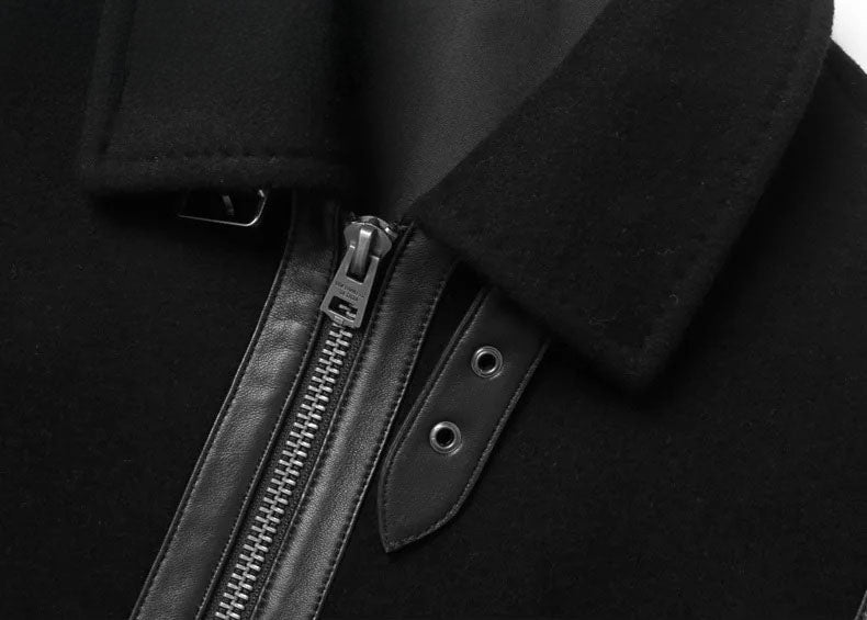 Onyx luxury wool-cashmere bomber with sheepskin leather trim, close-up of collar with leather strap and metal buckle, from Borcelleclothes.