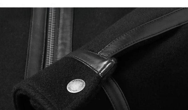 Onyx luxury wool-cashmere bomber, close-up of cuff with leather trim and snap closure, from Borcelleclothes.