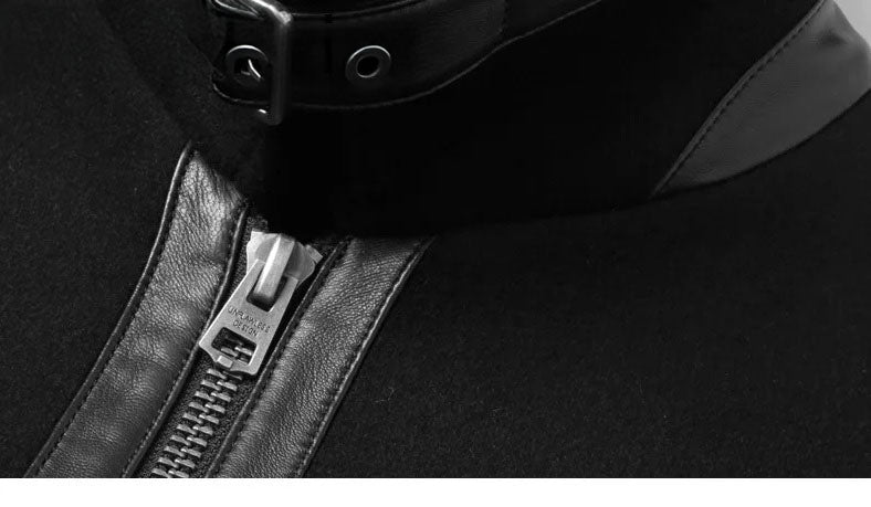 Onyx luxury wool-cashmere bomber, close-up of one-third leather undercollar overlay at side, from Borcelleclothes.