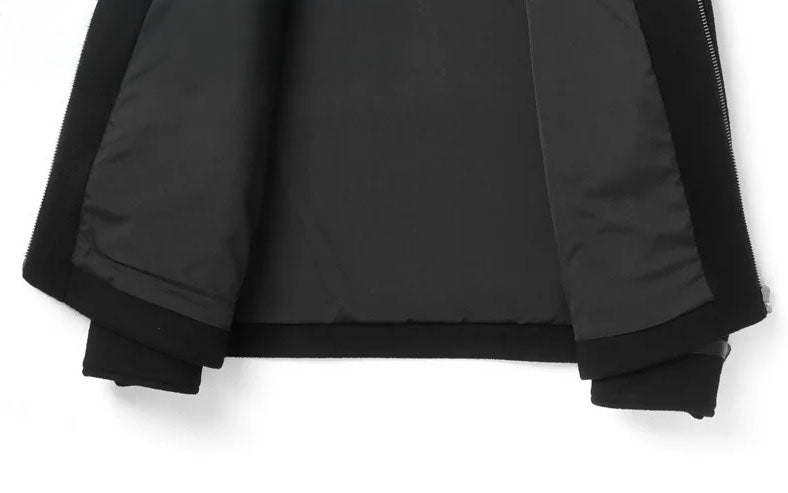 Onyx luxury wool-cashmere bomber, unfolded front sides showing bottom part details, from Borcelleclothes.