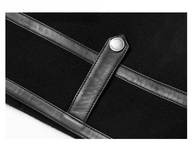 Onyx luxury wool-cashmere bomber, close-up of vertical leather stripe on back, from Borcelleclothes.