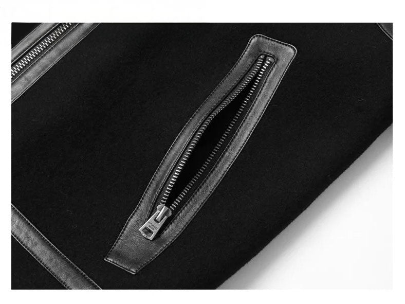 Onyx luxury wool-cashmere bomber, close-up of leather-trimmed zippered pocket, from Borcelleclothes.