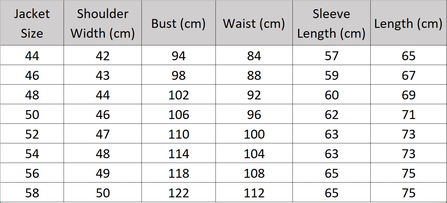 Size chart for the jacket of the Borcelleclothes Men's Mandarin Collar Wool Ensemble, detailing measurements for a tailored and accurate fit.