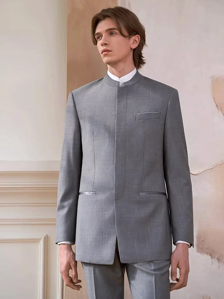Model in the Borcelleclothes Men's Mandarin Collar Wool Ensemble in Oslo Grey, standing with arms straight to highlight the clean and modern tailoring.