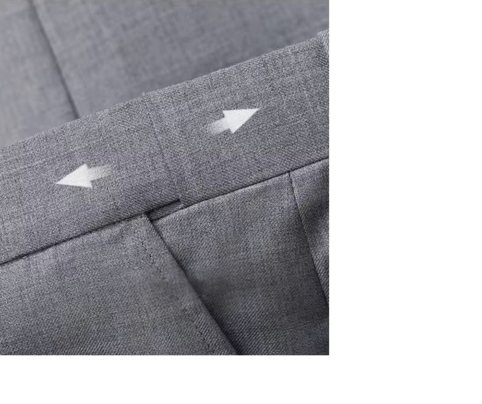 The adjustable waistband on the pants of the Borcelleclothes Men's Mandarin Collar Wool Ensemble in Oslo Grey, showcasing comfort and functionality.