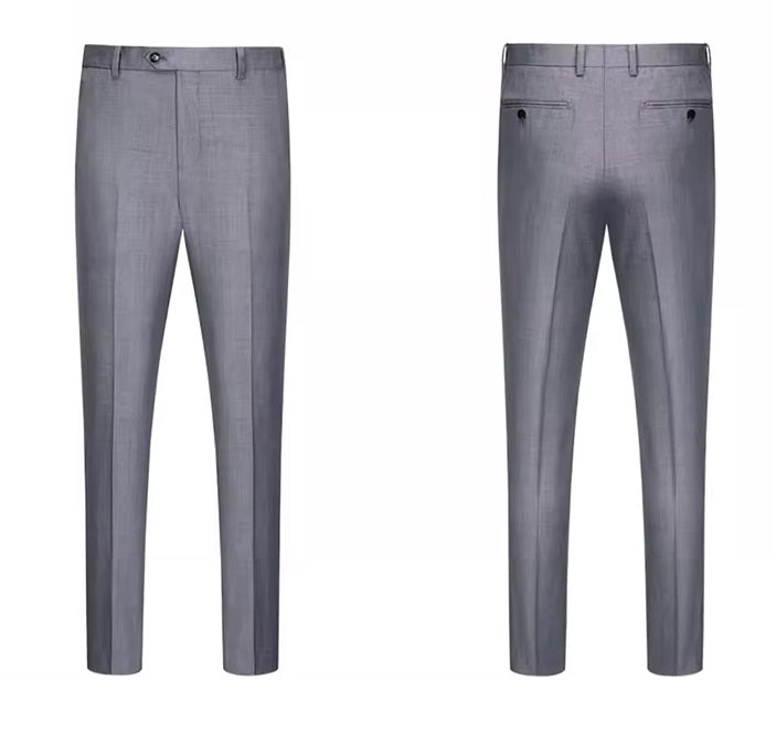 Front and back of the pants from the Borcelleclothes Men's Mandarin Collar Wool Ensemble in Oslo Grey, highlighting the straight-leg cut and clean lines.