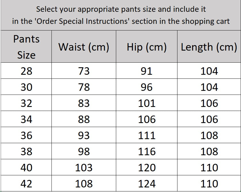 Size chart for the pants of the Borcelleclothes Men's Mandarin Collar Wool Ensemble, providing precise measurements for a perfect fit.
