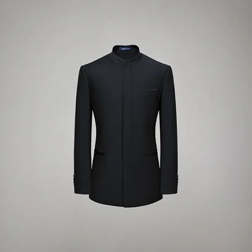 Men's Mandarin Collar Wool Jacket in Onyx, featuring a tailored silhouette with a sleek concealed placket and subtle satin accents for a modern, commanding look. From Borcelleclothes.