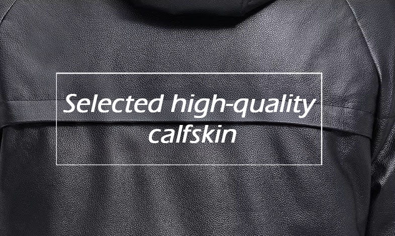 Back section of the Onyx cowhide jacket, highlighting the matte-finished leather texture and natural grain. From Borcelleclothes.