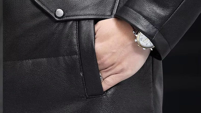 Model in Onyx jacket, close-up of side pocket and hand placement, emphasizing soft structure. From Borcelleclothes.