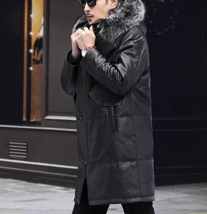 Model in Onyx jacket touching collar, showing fox-style fur trim and soft matte texture. From Borcelleclothes.