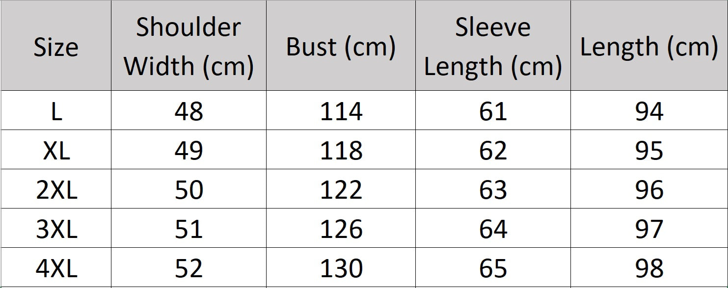 Men’s size-chart for a mid-thigh cowhide jacket in matte Onyx with raglan sleeves, fox-style fur hood, and double-layered front placket, blending internal structure with understated softness. From Borcelleclothes.