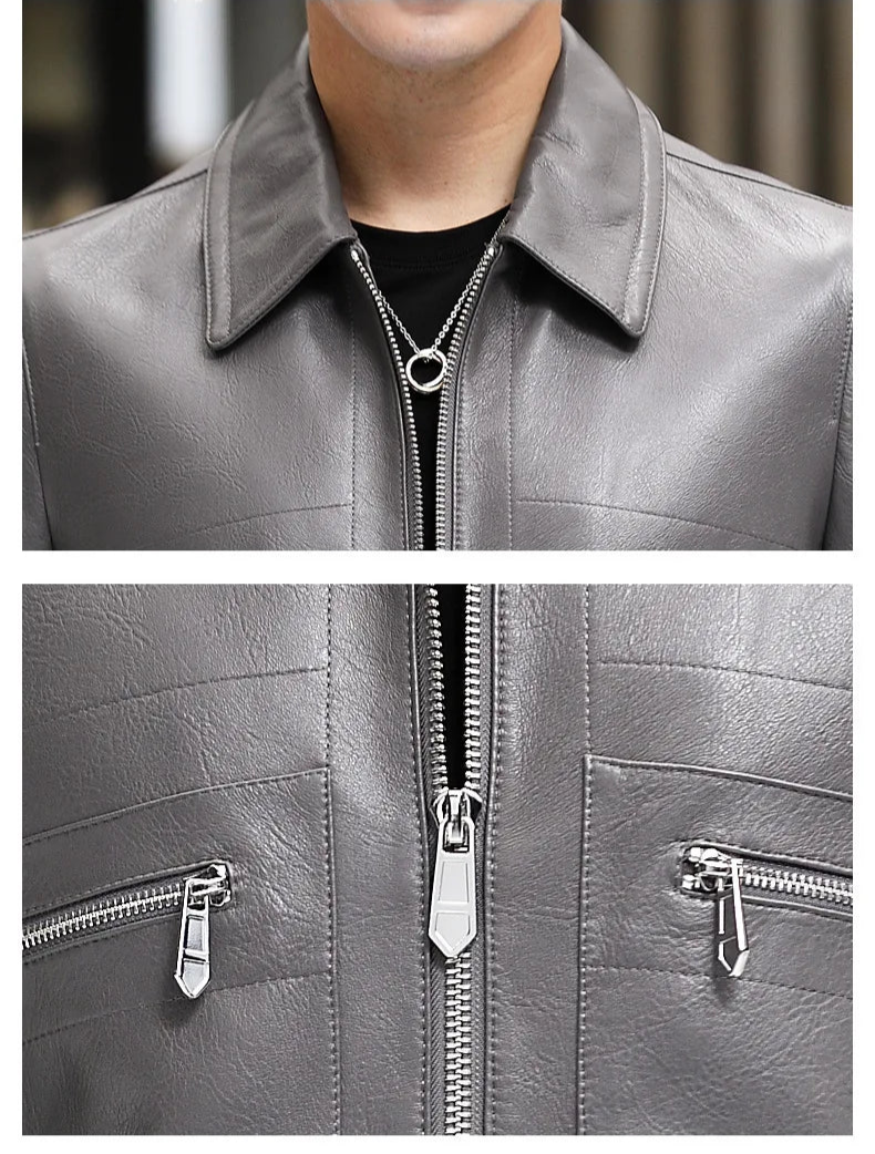Collage of collar, main zipper, and twin chest pockets on Mercury leather jacket — From Borcelleclothes.