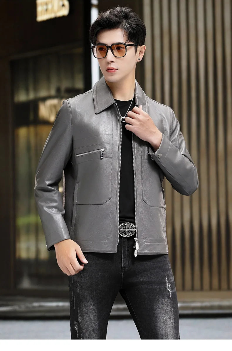 Mercury leather jacket with model touching collar; decorative topstitching in focus — From Borcelleclothes.