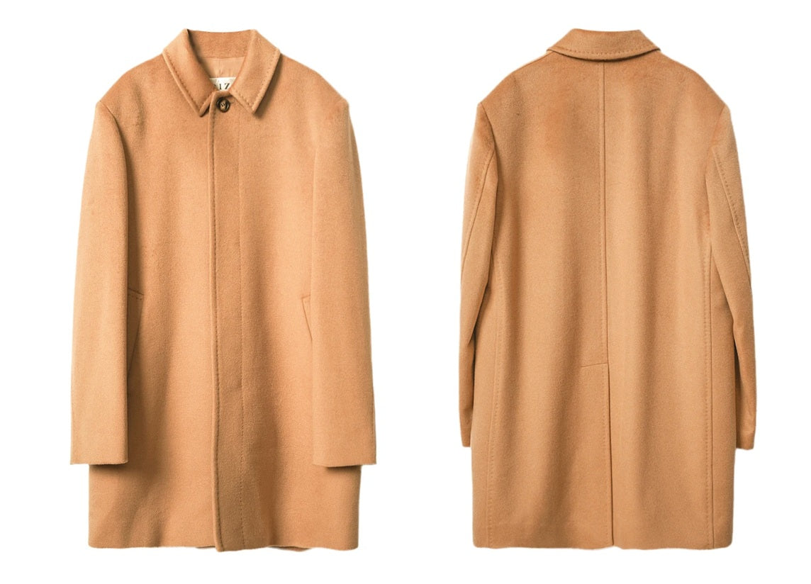 Men’s Minimalist Cashmere Coat in Burning Sand, displayed from both front and back views, showcasing its mid-length cut and refined tailoring. From Borcelleclothes.