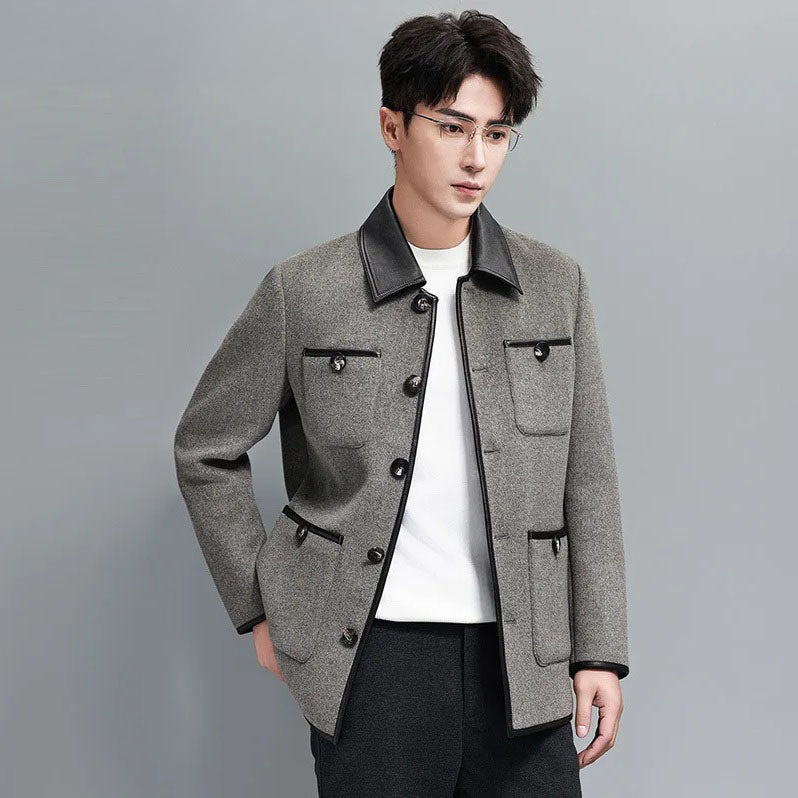 Dawn color men’s minimalist motif wool-cashmere coat, model with hand behind back — From Borcelleclothes.