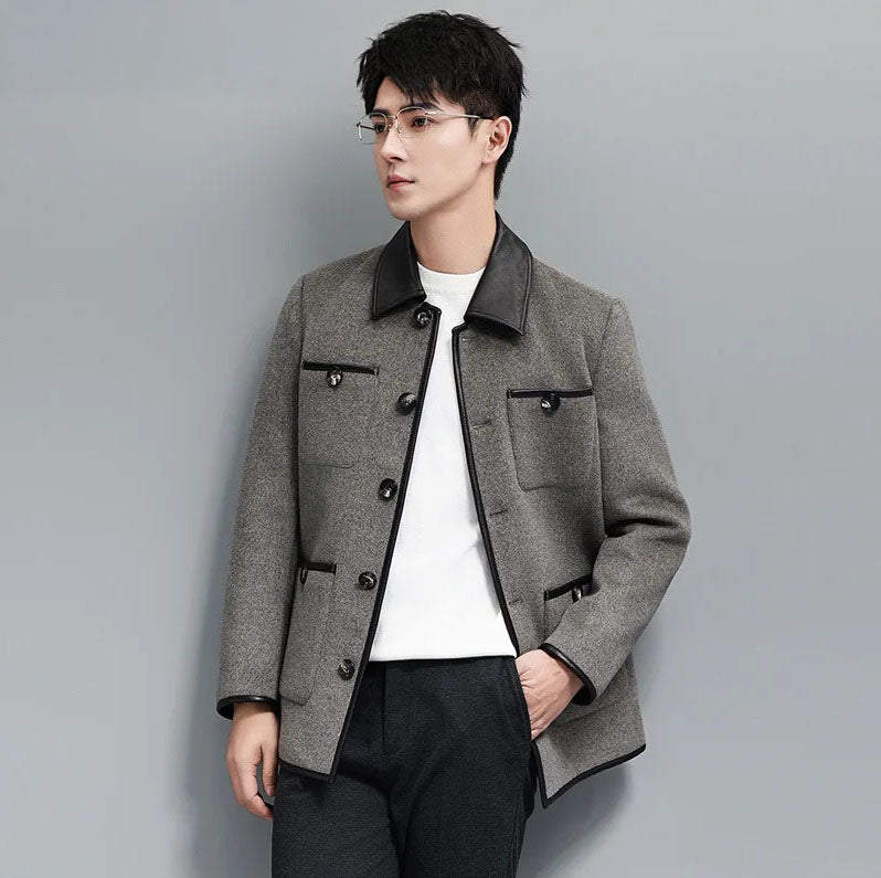 Dawn color men’s minimalist motif wool-cashmere coat, model with hand in pants pocket — From Borcelleclothes.