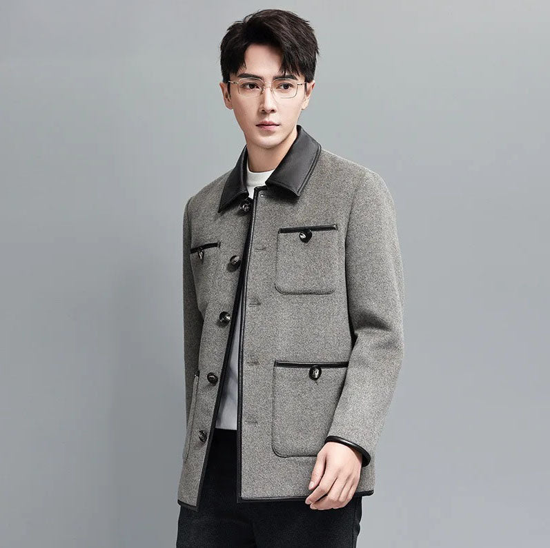 Dawn color men’s minimalist motif wool-cashmere coat, model turned slightly to the side — From Borcelleclothes.