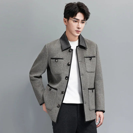 Men’s minimalist motif wool-cashmere coat in Dawn, with leather collar, horn buttons, and four symmetrically placed pockets — from Borcelleclothes.