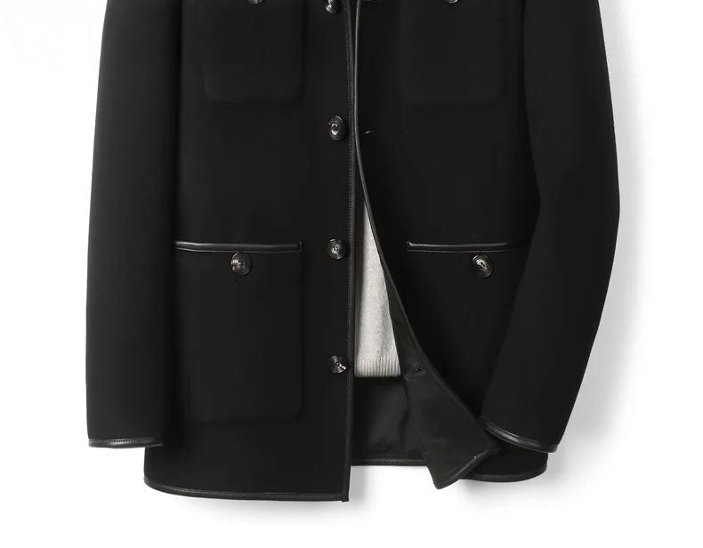 Onyx color men’s minimalist motif wool-cashmere coat, bottom front part — From Borcelleclothes.