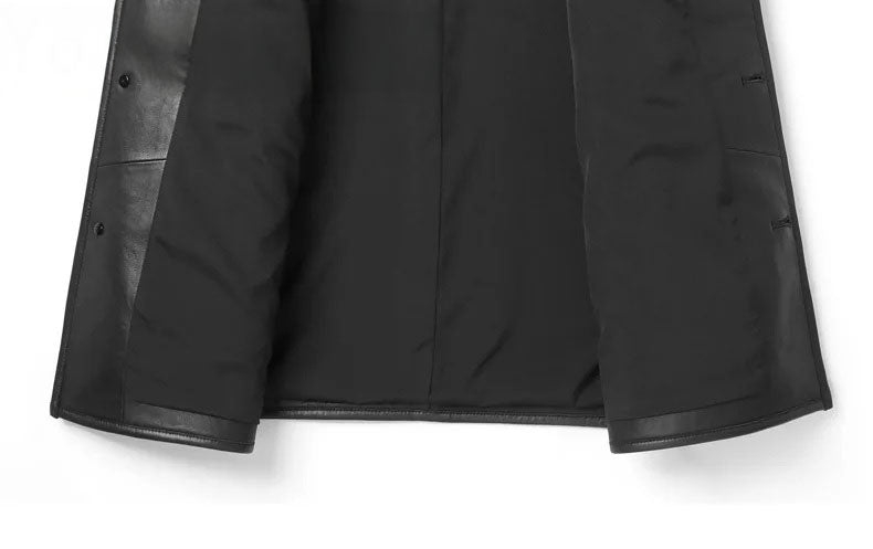 Onyx color men’s minimalist motif wool-cashmere coat, bottom front part unfolded — From Borcelleclothes.