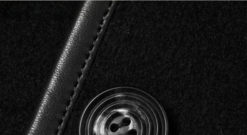 Onyx color men’s minimalist motif wool-cashmere coat, close-up of button — From Borcelleclothes.