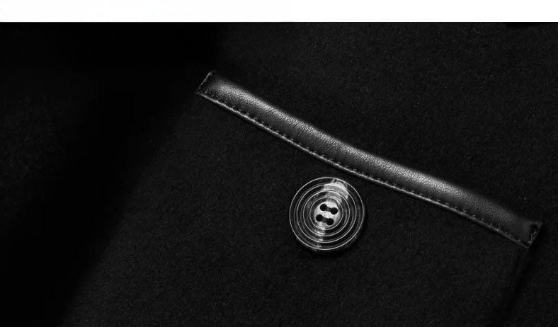 Onyx color men’s minimalist motif wool-cashmere coat, close-up of chest pocket — From Borcelleclothes.