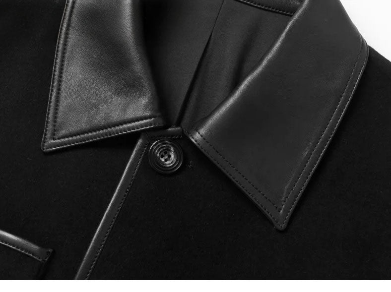 Onyx color men’s minimalist motif wool-cashmere coat, close-up of collar — From Borcelleclothes.