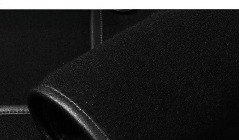 Onyx color men’s minimalist motif wool-cashmere coat, close-up of cuff — From Borcelleclothes.