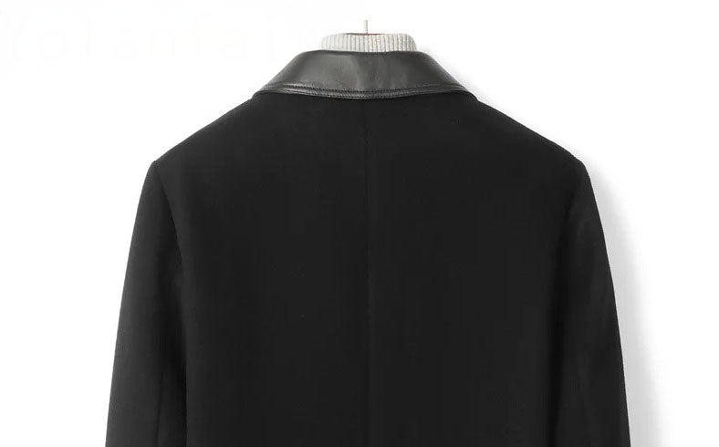 Onyx color men’s minimalist motif wool-cashmere coat, upper back part — From Borcelleclothes.
