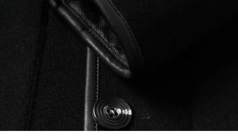 Onyx color men’s minimalist motif wool-cashmere coat, underside of wool undercollar — From Borcelleclothes.
